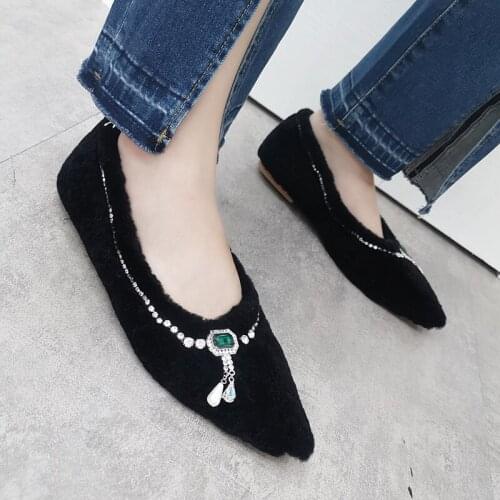 2021Spring And Antumn New leather Rhinestone Fringe Lamb Hair Fashion Single Shoes With Shaiiow Mouth And Pointed Flat Bottom