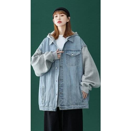 Women Jacket Autumn And Winter Denim Jacket Casual Loose Jacket Women Korean Patchwork Hooded Vintage Denim Jacket 2021 New