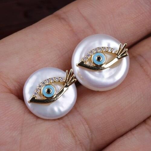 Micro pave cz tiny blue pupil blue eye eyelash natural coin freshwater pearl bead charm chic button stud earring for women