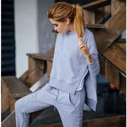 2 Pieces Set Women Europe through two sets irregular open fork head fleece outfit Sports Set dropshipping ZXP9141