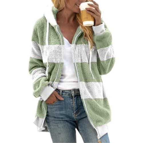 Winter2021 New Faux Fur Womens Coat Hooded Long Sleeve Cardigan Zipper Pockets Loose Patchwork Striped Fashion Casual Coat
