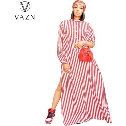 VAZN 2021 Autumn Upsurge Striped Loose Sweet Long Dress Daily Casual Style Full Sleeve Loose Women Maxi Dress Vestido