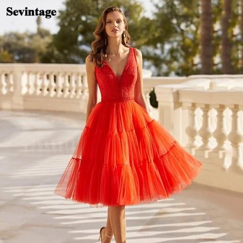 Sevintage Orange Tiered Tulle Lace Prom Dresses Knee Length Short Evening Dress Backless Formal Women Wedding Party Gowns 2021