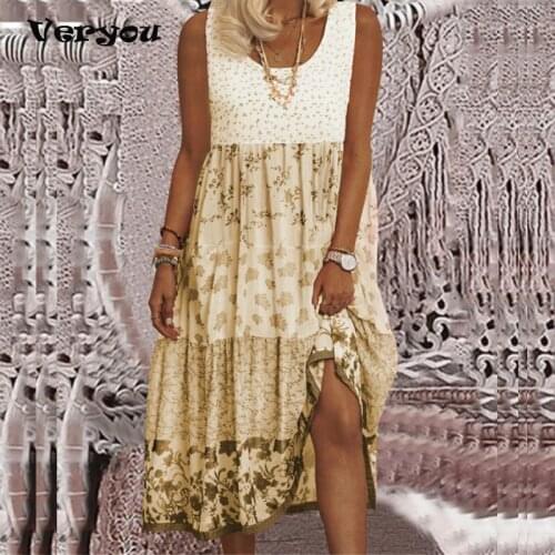 2021 Summer Women Vintage Beach Dresses Elegant O-Neck Sleeveless Loose Midi Dress Ladies Casual Patchwork Party Dress Vestidos