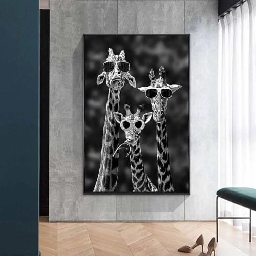 Giraffes With Sunglasses Funny Art Posters And Prints Black And White Animals Canvas Paintings On The Wall Art Pictures Cuadros