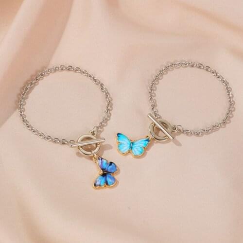 1 Pcs Blue Purple Butterfly Pendant Bracelet Good Gift For Women Wife Daughter Daily Popular Simple Word Buckle Chain Bracelet