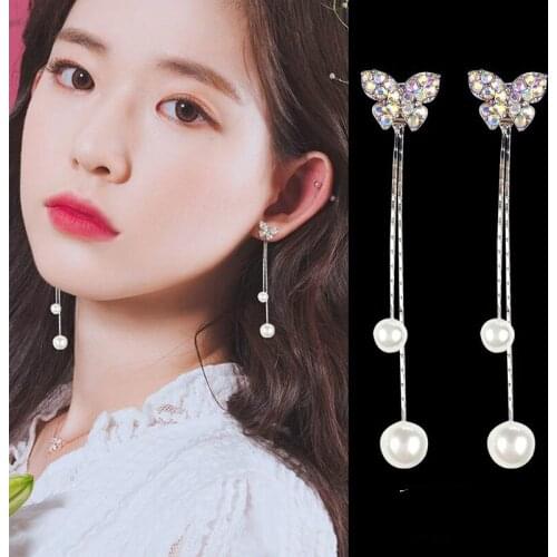 2019 Korean Fashion New Earrings Bride Temperament Wild Bow Crystal Pearl Ladies Tassel Earrings Wholesale Sales Funny Earrings