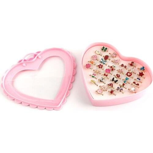 36 pcs Alloy Cartoon Rings With Bow tie box Colorful Lovely Adjustable Jewelry