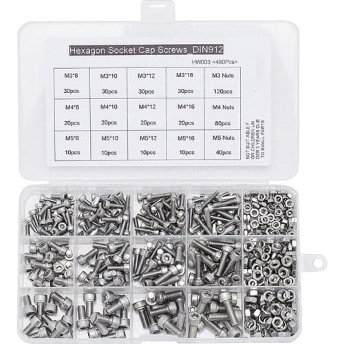 480Pcs/set M3 M4 M5 DIN912 304 Stainless Steel Hexagon Socket Head Cap Screws Hex Socket Bicycle Bolts Kit