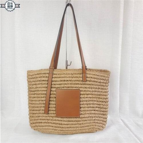 Aaby 2021 High Capacity Straw Tote Bags For Women PU Leather Handle And Pocket With Zipper High Quality Ladies Shoulder Bags