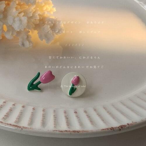 S925 Silver Needle Asymmetrical Tulip Paint Dripping Stud Earrings Flower Earrings Unusual Earrings Cuffs Gift To Girlfriend