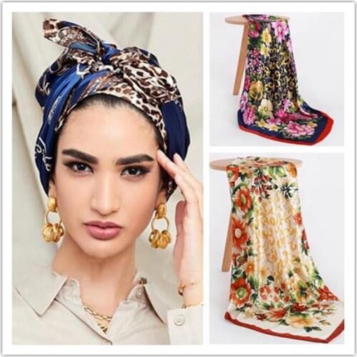 Large Hijab Scarves For Women Fashion Print Silk Satin Scarf Female 90cmx90cm Luxury Brand Square Shawls Head Scarfs For Ladies