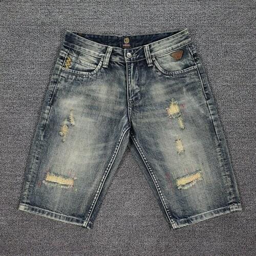 New Summer Fashion Designer Men Jeans Retro Yellow Blue Ripped Denim Shorts Vintage Embroidery Designer Hip Hop Short Jeans Men