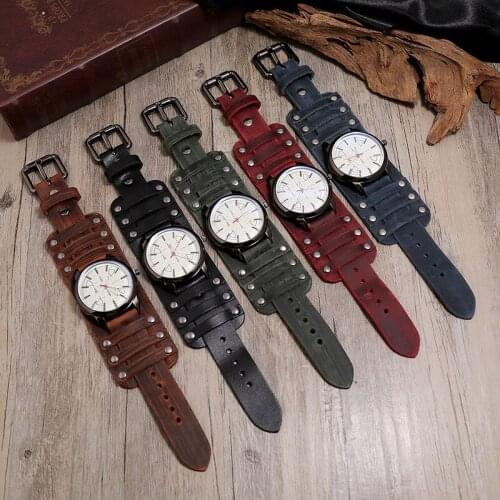 European American Punk Wide Leather Retro Bracelet Watch For Men Fashion Design Quartz Wristwatches 2021