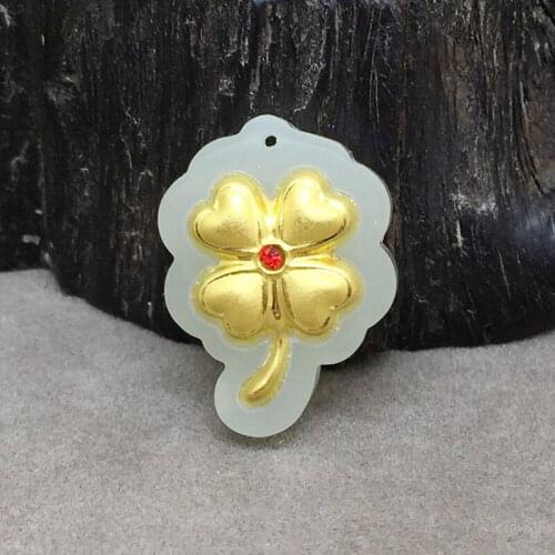Fine Jewelry 24KGold Hetian Jade Pendant Lucky Four-leaf Blade Flower Necklace Blessing Lovers Gifts