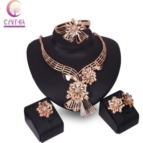 African Beads Jewelry Sets Collar Flower Crystal Pendant Necklace Earrings gold color Wedding Bridal Dress Accessories