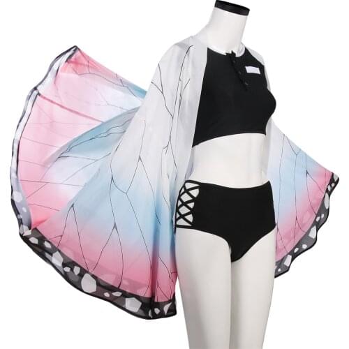 Demon Slayer Kochou Shinobu Swimming Suit with Chiffon Cloak Black Kisatsutai Kimetsu no Yaiba Shinobu Swimwear Cosplay Outfits