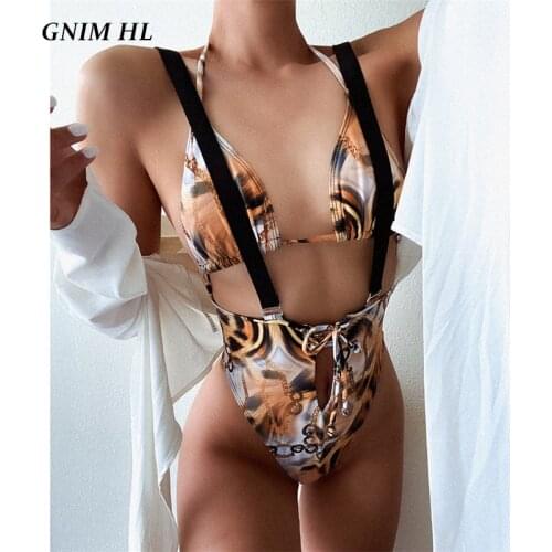 GNIM Leopard Swimsuit Women One Piece Swim Bathing Suit Female Sexy Hollow Out Bandage Swimwear Backless High Waist Biquini Set