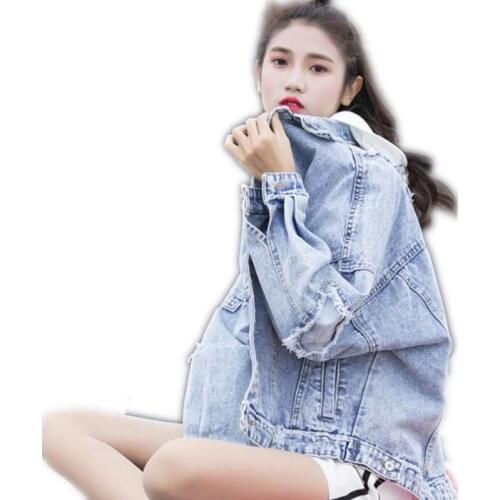 Fashion Streetwear Holes Women 2018 New Spring Autumn Denim Jacket Batwing Sleeve Turn-Down Collar Loose Denim BF Jacket Q049