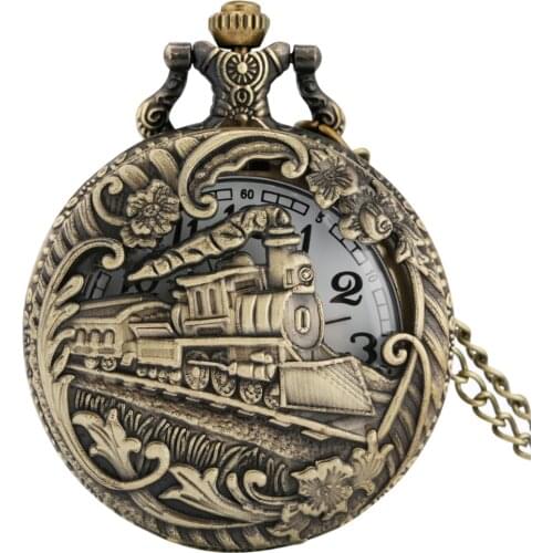 Brass Hollow Train Pattern Large Pocket Watch Classic White Quartz Dial Portable Clock Slim Chain Commemorative Gift For Son
