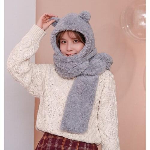 Lovely Fashion Little Bear Shape Ears Plush Winter Hats For Women Russian Lengthen Scarf Caps Girl Thicken Warmth Female Hat