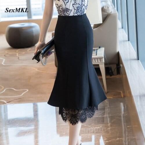 Fashion Lace Patchwork Black Long Skirt Women 2021 Elegant High Waist Bodycon Streetwear Skirt Korean Sexy Party Skirt Plus Size