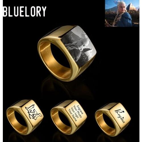 Bluelory Punk Square Custom Men Rings Engraved Your Name Photo Logo Stainless Steel Women Personalized Jewelry Dropshipping