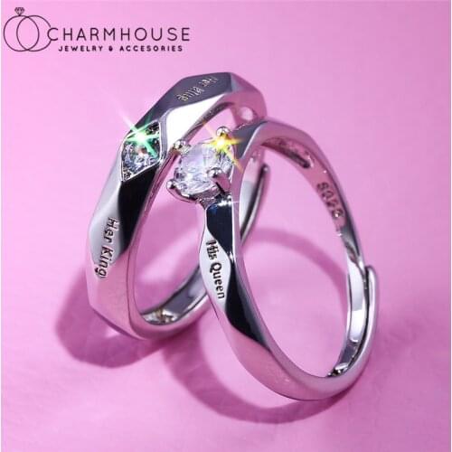 Engagement Rings For Man Women S925 Silver Crystal Ring Adjustable King Queen Wedding Band Jewelry Accesories Anillo Bague Femme