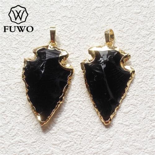 FUWO Natural Black Obsidian Arrowhead Pendant With 24K Gold Color Plated Edge Fashion Carved Store Jewelry Wholesale PD165