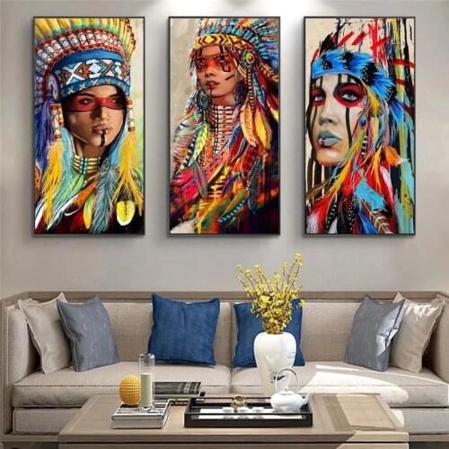 Pop Art Indian Girl Canvas Art Wall Paintings Watercolor Indian Woman With Feather Posters And Prints For Living Room Wall Decor