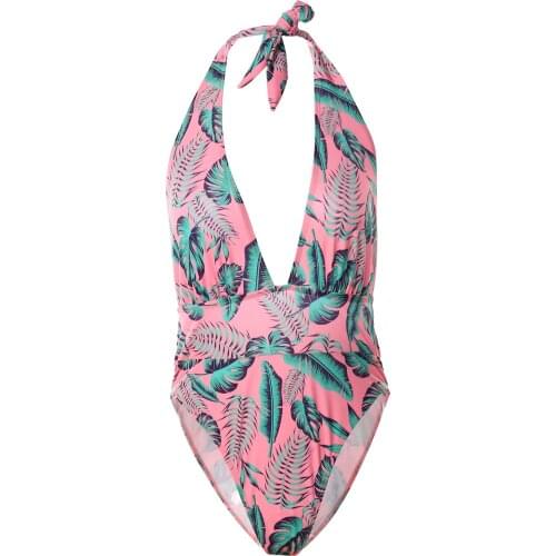 Floral Backless One Piece Swimsuit Women Printed Halter Swimwear Sexy Deep V-neck Triangle Crotch Bathing Suit for Vacation