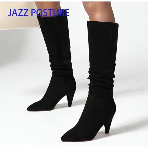 Slouch Womens Beige Knee High Boots Heeled Pointed Toe Long Boots Winter Red Black Female Boots Casual Autumn Shoes z640