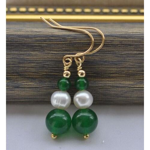 Z11055 8mm Greed Jade White Pearl Tower Dangle Earring