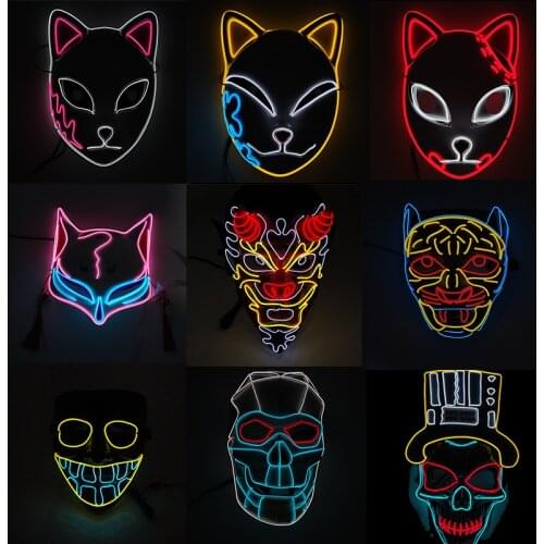 Halloween Scary Skull Horror Monster EL Wire Mask Japanese Anime Fox Glowing LED Mask For Cosplay Party