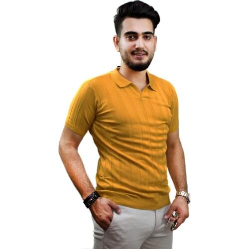Kulemoda mustard color thin striped polo collar knitwear unisex T-shirt