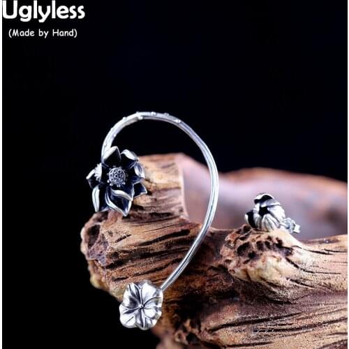 Uglyless Cool Asymmetrical Design Lotus Earrings Women Thai Silver Lotus Flower Studs Earrings 925 Silver Ethnic Brincos E1586