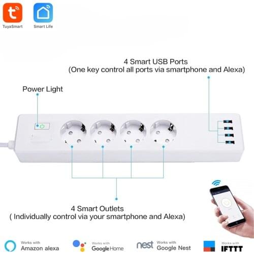 Smart WiFi Power Strip Timer EU Standard WiFi Remote Control Power Strip Tuya APP Individually Plug Button Alexa Compatible
