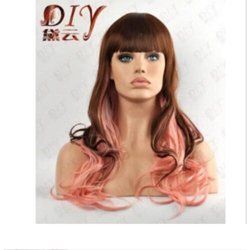 Zhaoxia++07800@Q8@* +++02229 Long Pretty Brown & Pink Mixed Curly Cosplay Bangs Hair Wig