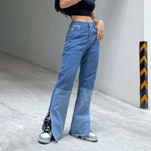 Womens Denim Pants High-Waist Without Fading Trousers Side Pocket Bottoms Rough Split Hem Party Dance Club Loose Fall Running