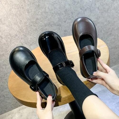 Chunky Mary Janes Round Toe Shoes Women Brown Buckle Strap Platform Flats 2020 Fall Casual Wild Leather Cute Black Loafers