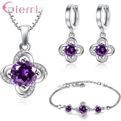 Party New Statement 925 Sterling Silver Sets For Women Party Pendant Necklaces Cubic Zirconia Drop Earrings Flower Jewelry