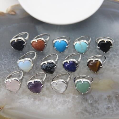 Natural Stones Adjustable Love Heart-shaped Ring For Women Ladies Engagement Wedding Quartz Crystal Rings Jewelry Party Gifts