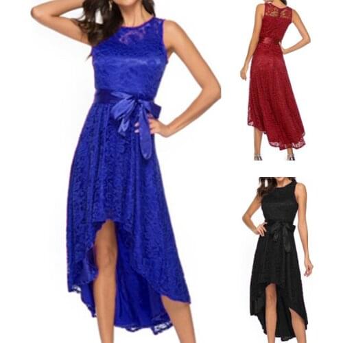 Women Sheer Lace Irregular Dress Sleeveless Party Evening Cocktail Formal Dress Elegant Versatile Round Neck Personality 2021
