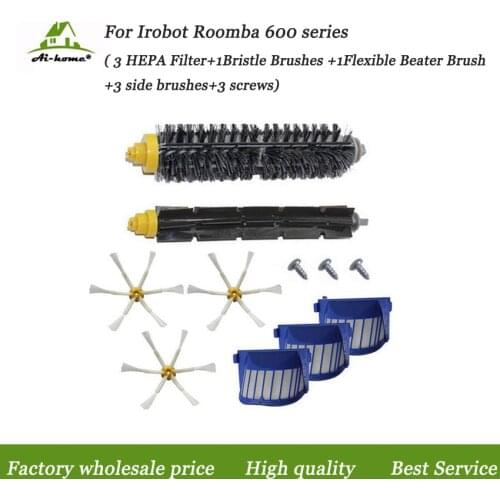1 Set Bristle & Flexible Beater &3 Side Brushes & 3 Hepa Filter & 3 Screws Parts for iRobot Roomba 600 Series 620 630 650 660