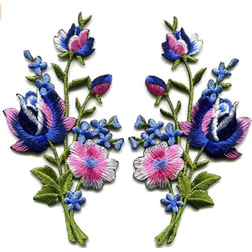1 Pair Pink blue Roses Pair Flowers Floral Bouquet Boho Embroidered Appliques Iron-on Patches New