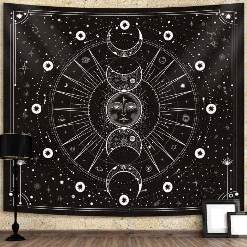 2021Latest Sun and Moon Tapestry Stars Space Psychedelic Black and White Wall Hangings Bedroom Home Wall Decoration Hippie Tapiz