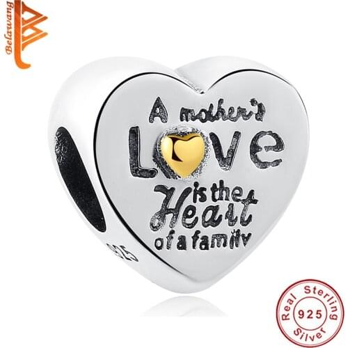 BELAWANG Mothers Day Gift 925 Sterling Silver Mother Love Heart Charms Beads fit Bracelets Necklace DIY Jewelry Making