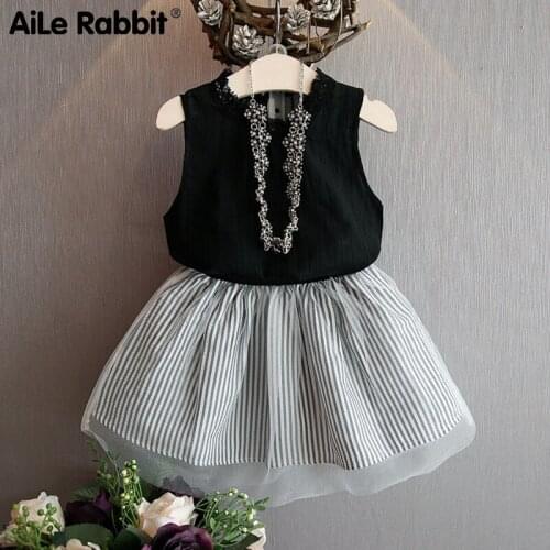 Girls Summer Set Sleeveless Vest Skirt 2 Piece Set Solid Color Lace Black Top Gauze Suit Childrens Wear Set For Little Girls