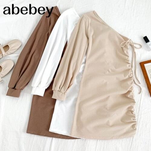 Fashion skew collar long sleeve one shoulder Dress drawstring bandage high waist pleated short Dress 2021 New Summer