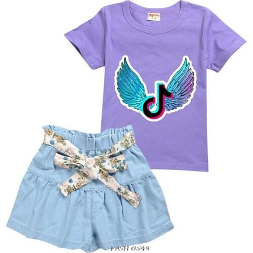 New Tik Tok Girls Cotton Clothing Summer T-shirt Denim Culottes 2Piece Children Fashion Clothes Suit Casual Cartoons Outfits